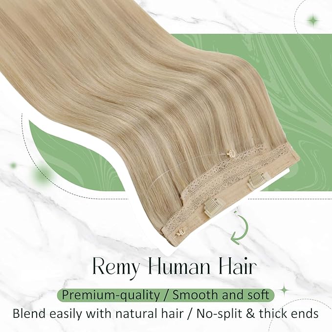 RUNATURE Wire Human Hair Extensions Dark Blonde Highlight Golden Blonde Fish Wire Hair Extensions Real Human Hair Invisible Wire Hair Extensions 16 Inch 80g