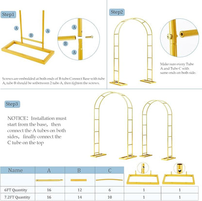 7.2FT 6FT Wedding Arch Backdrop Stand Set of 2, Balloon Arch kit | Metal Gold - Image 8