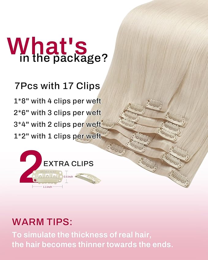 Moresoo Seamless Clip on Hair Extensions Lightest Blonde Straight Human Hair Clip in Full Head Extensions #60A 7Pcs 120G 16inch
