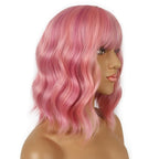 Short Bob Wigs with Bangs for Women Loose Wavy Wig Curly Wavy Shoulder Length Bob Synthetic Cosplay Wig for Girl Colorful Costume Wigs (Lovely Pink)