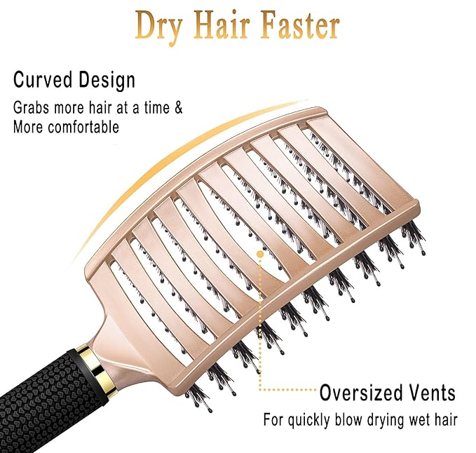 KTKUDY Detangling Brush Getting Knots Out without Pain - Boar Bristles HairBrush Make Hair Shiny & Healthier Vented Detangler Brush for Women Men Kids Wet and Dry Hair (Yellow & Gold)
