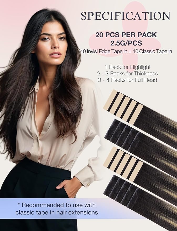 DOORES Invisi Edge Tape in Hair Extensions Human Hair, Natural Black to Light Blonde 10 Injection Tape-ins with 10 Classic Tape-ins 50g 16 Inch, Injection Tape in Virgin Human