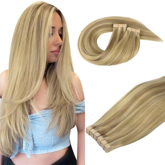 DOORES Tape in Human Hair Extensions, Light Blonde Highlighted Golden Blonde 100g 40pcs 14 Inch, Real Natural Hair Extensions Tape in Remy Hair Extensions Straight