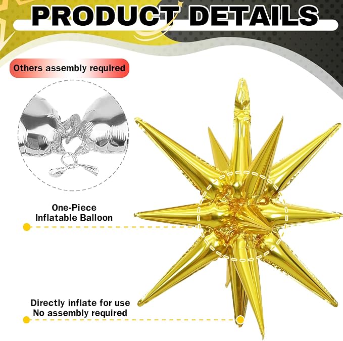 HILAVO 6PCS Black Gold Star Balloons, 22Inch Large Star Balloon Foil Balloons - Image 3