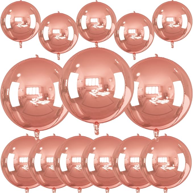 14 Pcs Rose Gold Round Foil Balloons 22/15/10 4D Ball Balloons Rose Metallic - Image 6