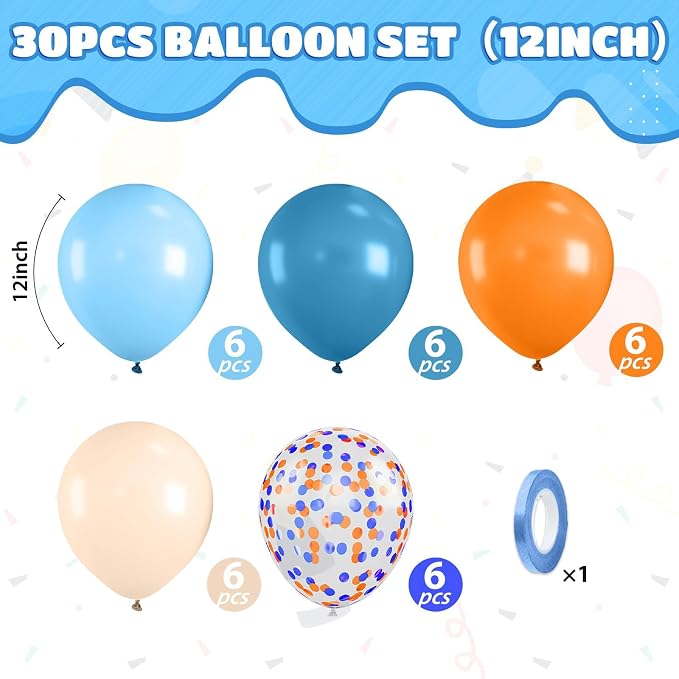 Blue and Orange Balloons, 12 Inch Orange Light Blue Nude Apricot Confetti - Image 2