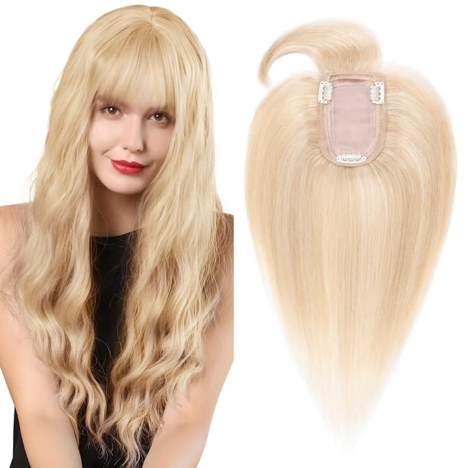 SEGO Hair Toppers for Women Real Human Hair with Thinning Hair, Toppers Hair Pieces Clip in Toppers Straight Hair Pieces with Front Bangs -6 Inch #18/613 Ash Blonde Mix Bleach Blonde