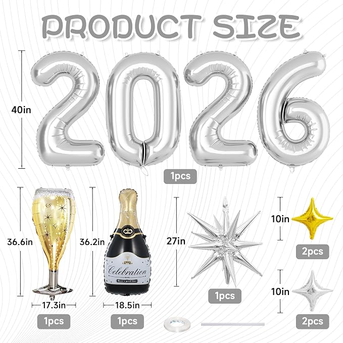 Silver 2026 Balloons, 40 Inch Number 2026 Silver Foil Balloons - Image 2
