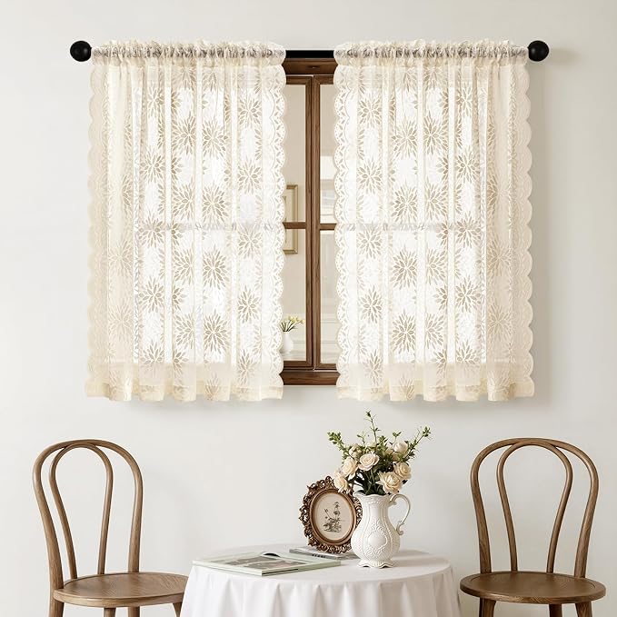 MIULEE Vintage Floral Scalloped Lace Curtains 2 Panels, Cream 52" W x 54" L | - Image 7