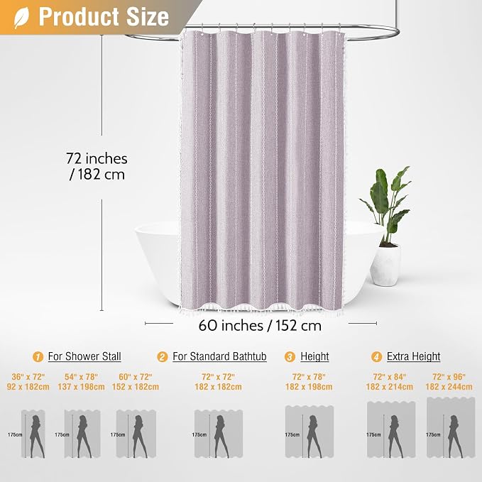 60x72 Boho Farmhouse Linen Heavy Duty Shower Curtain Set, Lavender | Narrow Size - Image 6