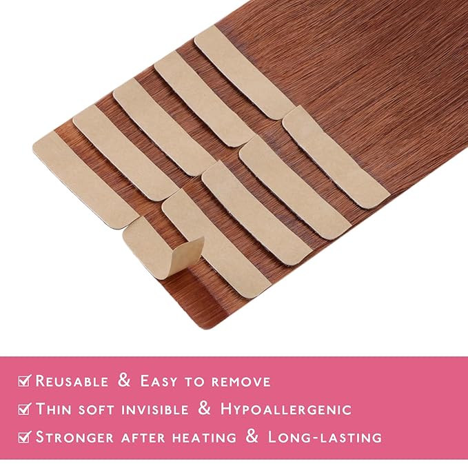 Wennalife Human Hair Dark Auburn Copper Extensions, 10pcs 25g 16 inch Remy Invisible Tape 25g, Straight Colored Soft Real Human Hair Refill Set
