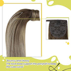 RUNATURE Ponytail Extension Human Hair Balayage Blonde Short Ponytail Human Hair Extensions Clips 12 Inch 70g Ombre Walunt Brown Fading to Ash Brown with Light Blonde Pony Tail Hair Extension Short