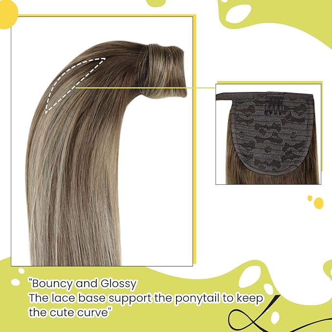 RUNATURE Straight Ponytail Extension Human Hair Balayage Walnut Brown to Ash Brown with Bleach Blonde Short Ponytail Human Hair Extensions 14 Inch 70g Full Ends Thick Pony Tails Hair Extensions Soft