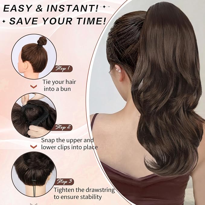 Ponytail Extension, Drawstring Ponytail Extension for Women 20 Inch Long Wavy Pony Tails Hair Extensions Synthetic Clip in Ponytail Hairpiece for Women(Medium Brown)