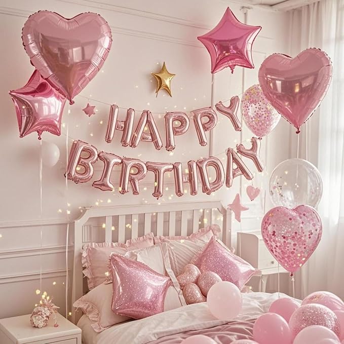 27 Pcs Pink Birthday Decorations, 3D Foil Pink Happy Birthday Balloon Banner - Image 4