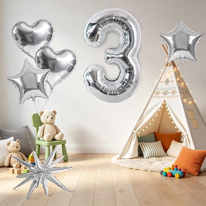 TONIFUL 3rd Birthday Balloons Kit 40Inch Silver Large Number 3 Foil Balloon | - Image 3