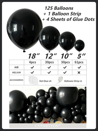 Black Balloons 125 Pcs Different Sizes 18 12 10 5 Inch Black Balloon Arch Kit - Image 3