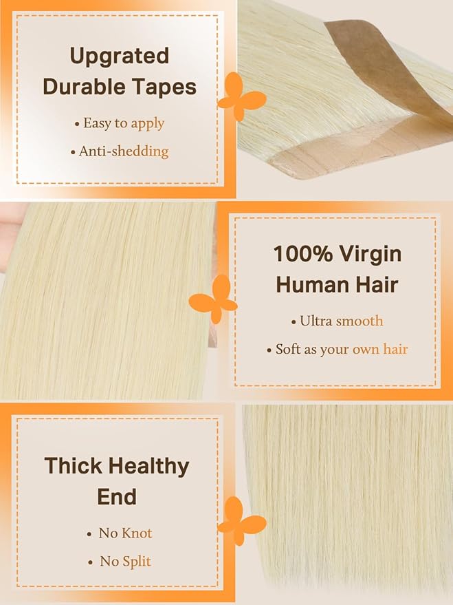 DOORES Tape in Extensions Human Hair, Platinum Blonde 20 Inch 100g 40pcs, Remy Hair Extensions Tape in Skin Weft Natural Hair Extensions Straight Long Hair