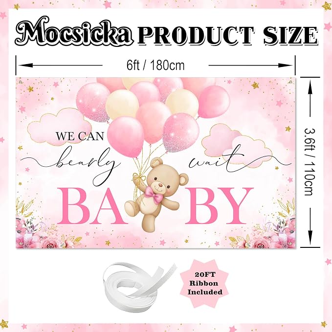 Mocsicka We Can Bearly Wait Backdrop Pink Bear Baby Shower Banner Girls Baby - Image 4