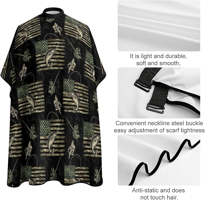 Hair Cut Cape Bass Fishing Camo Camouflage American Flag Hunting Black Hair Cutting Gown, Lightweight Hairdresser Apron for Hair Cutting, Haircut Tools
