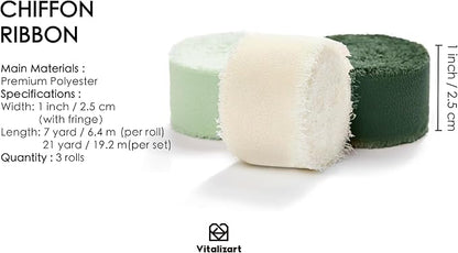Vitalizart Green & Cream Chiffon Silk Ribbon 1" x 21 Yd Handmade Fringe | - Image 2
