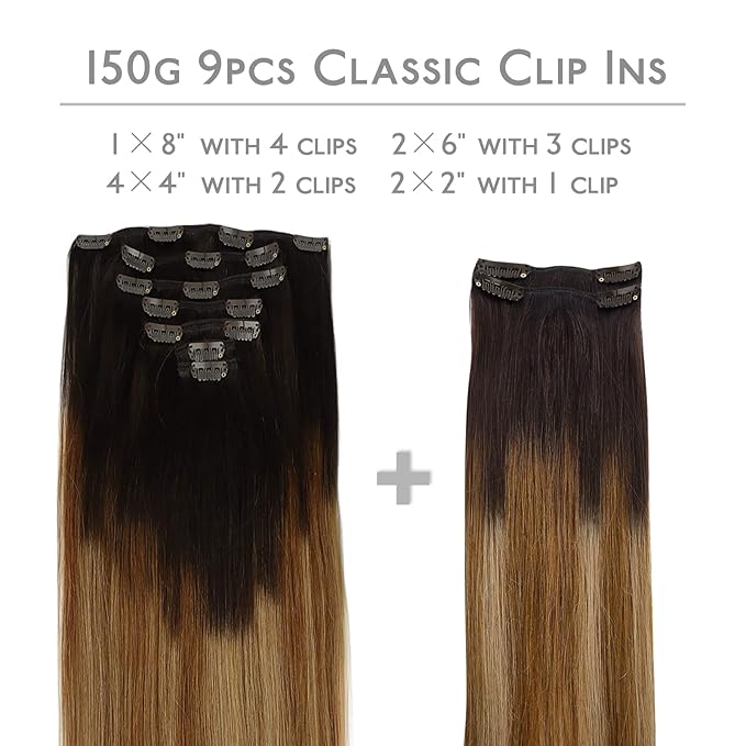 WENNALIFE Clip in Hair Extensions, 150g 22 Inch 9pcs Highlight Dark Brown to Chestnut Brown and Dirty Blonde Human Hair Extensions Thicker Real Human Hair Clip Set Double Weft