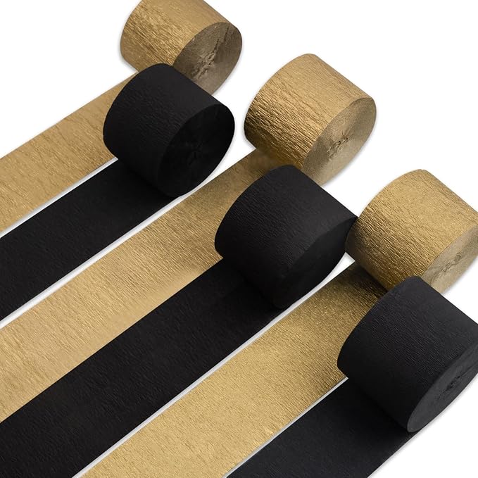 PartyWoo Black Gold Crepe Paper Streamers 6 Rolls 492 FT Streamers | Birthday by PartyWoo