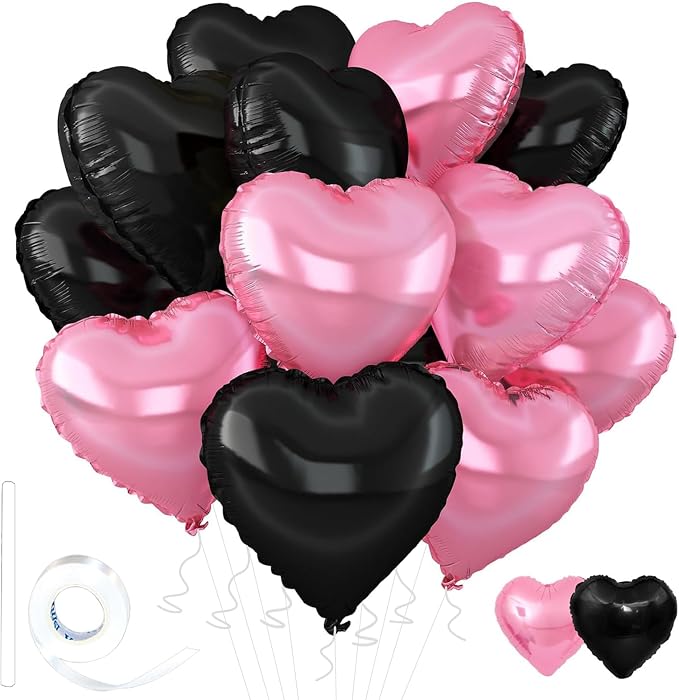 Pink-Black Heart Balloons, 18inch Pink Heart Shaped Foil Balloons & Black Foil by Wuhetyo