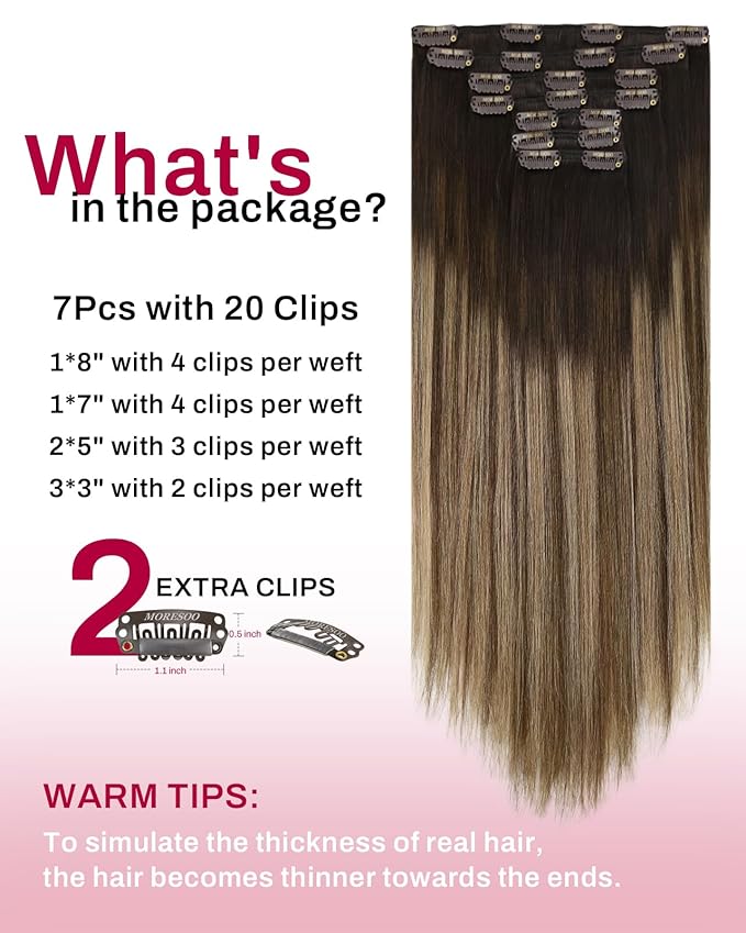 Moresoo Human Hair Clip in Extensions Ombre Real Hair Extensions Clip in Human Hair Balayage Dark Brown to Dark Ash Blonde with Dark Blonde Double Weft 7pcs/150g 20inch