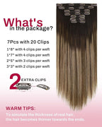 Moresoo Real Hair Extensions Clip in Human Hair Balayage Dark Brown to Ash Blonde with Dark Blonde Ombre Human Hair Clip in Extensions Double Weft 7pcs/150g 24inch