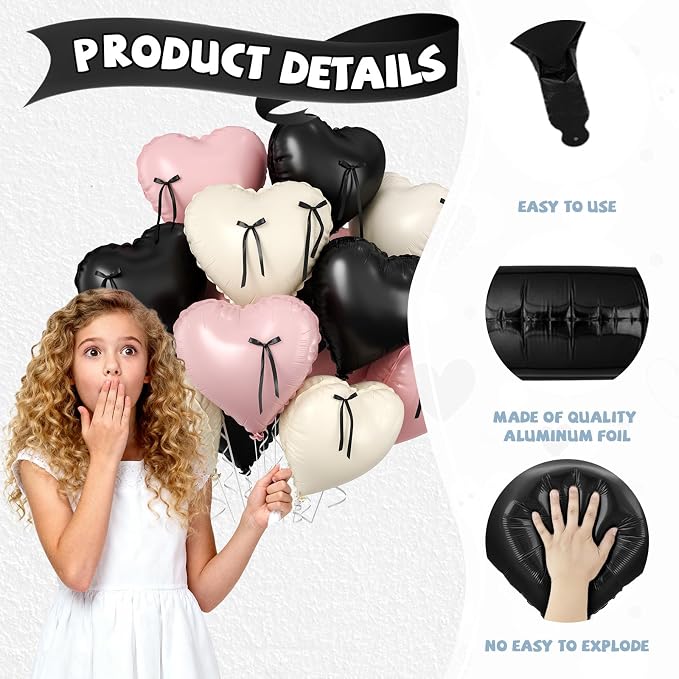 Pink and Black Heart Balloons, 18 Inch Pink Sand White Foil Balloons - Image 3