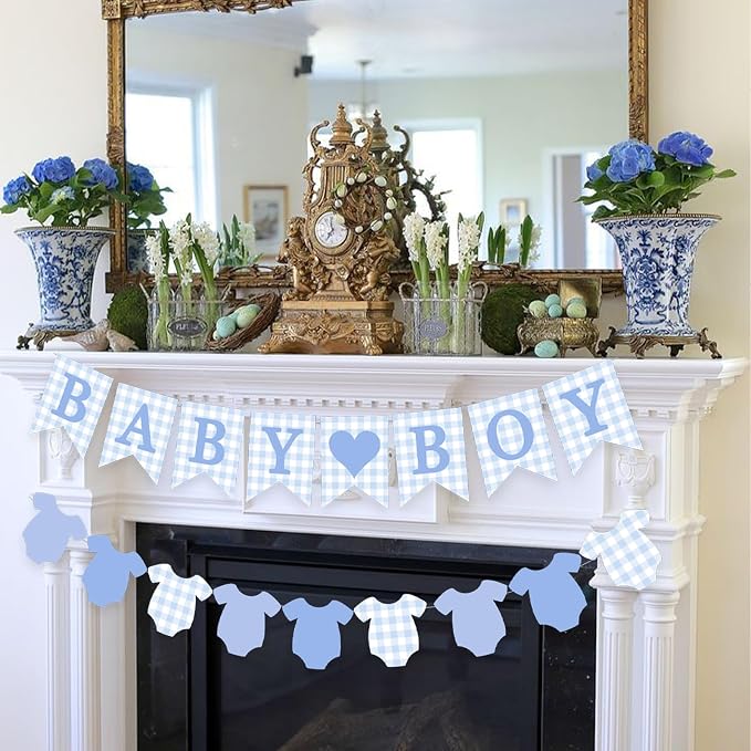 Blue Gingham Baby Banner Boy Plaid Welcome Baby Shower Sign Decoration - Image 4