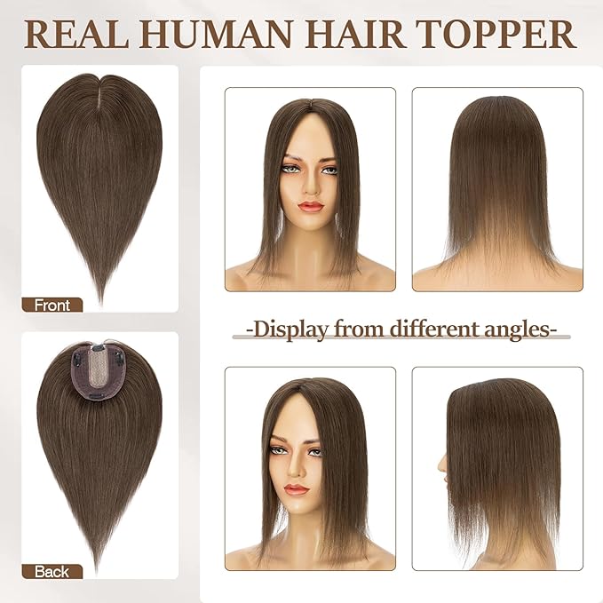 Rich Choices Hair Toppers for Women Real Human Hair 100% Human Remy Toppers NO Bangs for Women with Thinning on Top Clip in Hairpiece 4"x4.7"Lace Base 16 Inch #2R Chocolate Brown