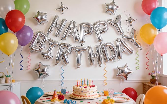 Silver Happy Birthday Banner Balloon Aluminum Foil 16 Inch Letter, 10 Inch Five - Image 2