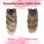 Hair Topper, 360° 3D Hair Toppers for Women with Thinning Crown, 20 Inch Long Wavy Curly Hair Pieces Clip in Bangs (Ombre Highlights Brown with Dark Root, 20 inch, Side Bangs)