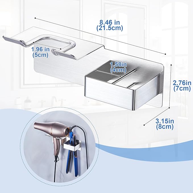 Hair Dryer Holder Wall Mounted, Hair Straightener Holder Stainless Steel, Adhesive Blow Dryer and Hair Straightener Holder, Bathroom Bedroom Hair Tool Organizer for Flat Iron,Curling Iron,Hairdryer