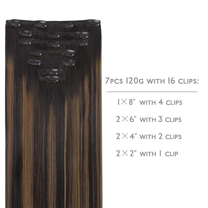 WENNALIFE Human Hair Extensions, 22 Inch 120g 7pcs Natural Black to Chestnut Brown Balayage Clip in Remy Hair Extensions, Double Weft Real Human Hair