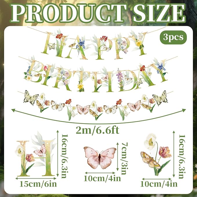 SUNBEAUTY Wildflower Butterfly Happy Birthday Banner Spring Floral Birthday - Image 3