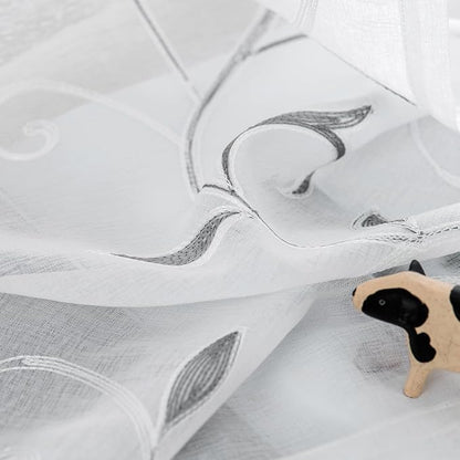 White Sheer Curtains Grey Embroidered Leaves 2 Panels 54Wx108L | Light - Image 5