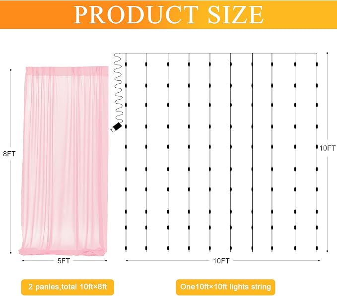 Tulle Backdrop Curtains with Lights Pink 10x8ft Sheer Curtain Backdrop | Tulle - Image 2