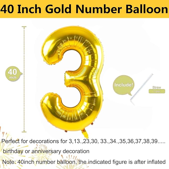 40 inch Gold Number Balloon Giant Foil Helium Balloons Gold Number 3 Balloon - Image 2