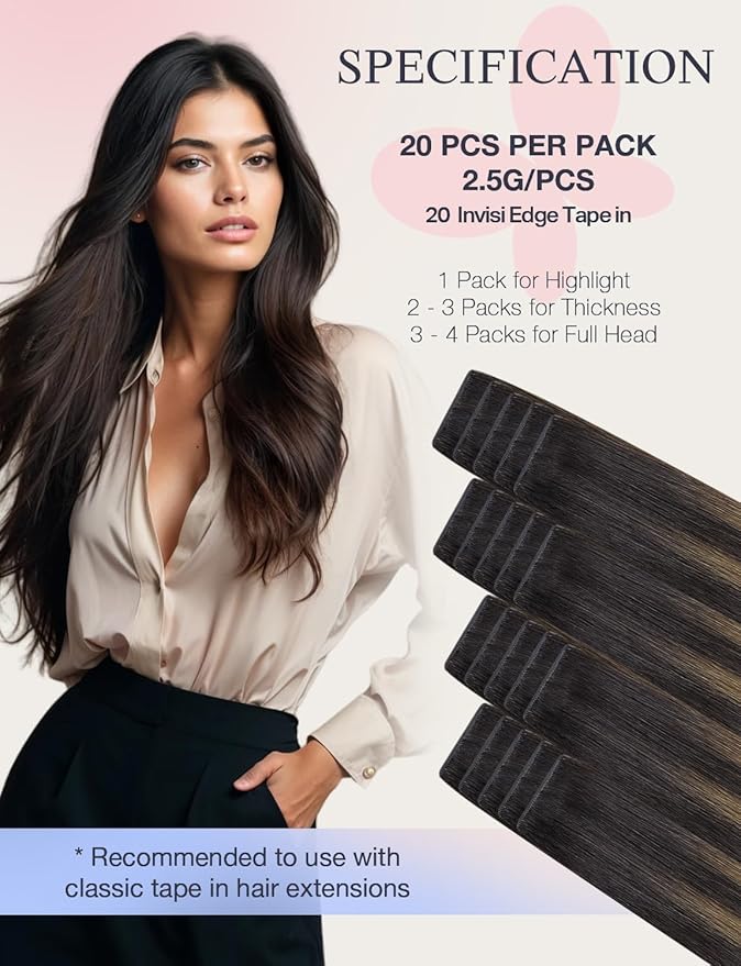 DOORES Invisible Hair Extensions Real Human Hair Tape in Invisi Edge, Dark Brown to Chestnut Brown 10 Injection Tape-ins with 10 Injection Tape-ins 50g 14 Inch, Tape in Extensions
