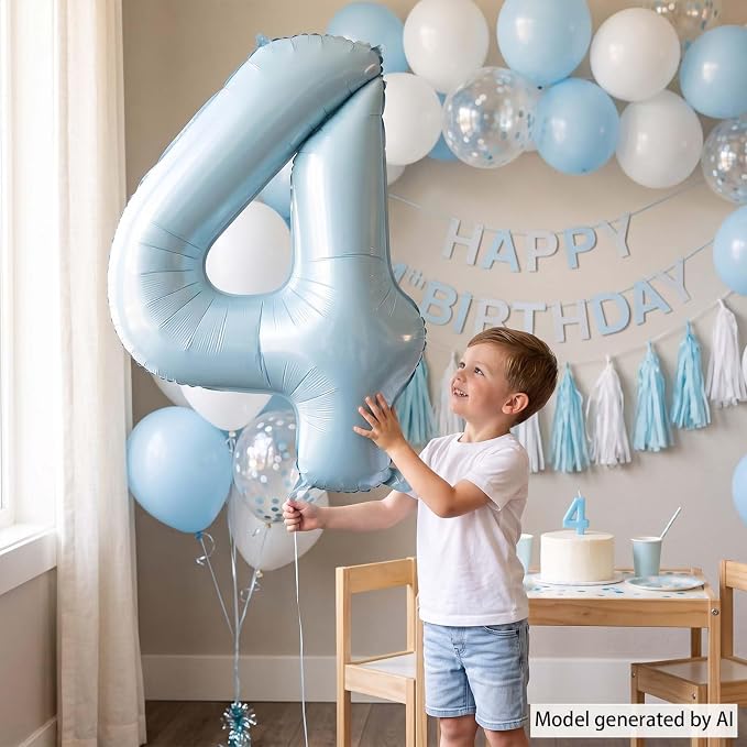 Baby Blue Number 4 Balloon 40 Inch, Sky Pastel Foil Numeral Party Supplies | - Image 6