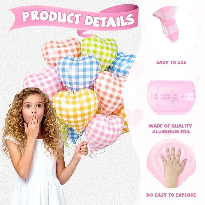 Pastel Grid Heart Balloons, 18 Inch Pink Yellow Blue Red Green Lattice Foil - Image 3
