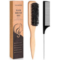 Boar Bristle Slick Back Hair Brush, Teasing Hair Brush with Black Carbon Fiber and Stainless Steel Tail Comb, Slick Hair Brush Set for Parting and Sectioning, Suitable for All Styling