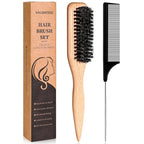 Boar Bristle Slick Back Hair Brush, Teasing Hair Brush with Black Carbon Fiber and Stainless Steel Tail Comb, Slick Hair Brush Set for Parting and Sectioning, Suitable for All Styling