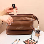 Abiudeng Large Capacity Makeup Bag Ladies Cosmetic Bag Travel Bag with Compartments Portable PU Leather Travel Makeup Bag with Handle