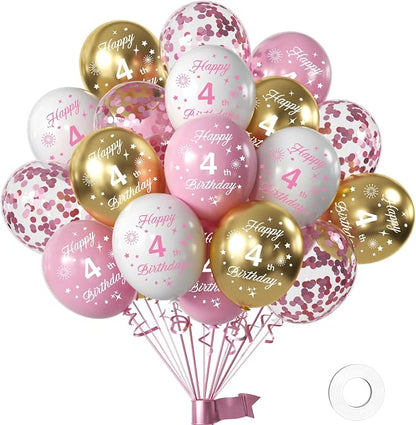 Pink 4th Birthday Balloons for Girls by Hongplus