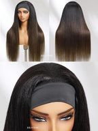 Julia Hair 12A Headband Wig Human Hair Yaki Straight Glueless None Lace Half Wig With Pre-attached Scarf Ombre Chestnut Brown Highlight With Dark Roots for Black Women Put on and Go 20 Inch
