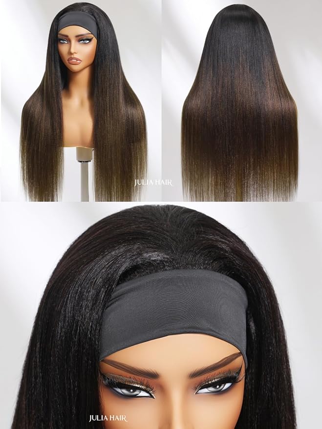 Julia Hair 12A Headband Wig Human Hair Yaki Straight Glueless None Lace Half Wig With Pre-attached Scarf Ombre Chestnut Brown Highlight With Dark Roots for Black Women Put on and Go 26 Inch